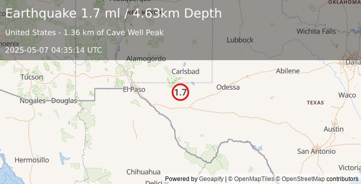 Earthquake 57 km S of Whites City, New Mexico (1.7 ml) (2025-05-07 04:35:14 UTC)