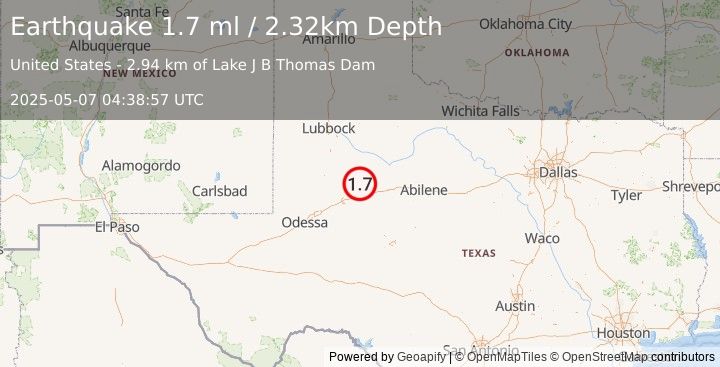 Earthquake 26 km NNW of Westbrook, Texas (1.7 ml) (2025-05-07 04:38:57 UTC)