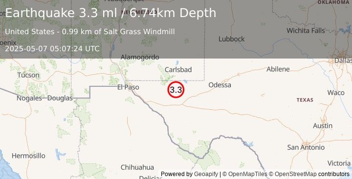 Earthquake 57 km S of Whites City, New Mexico (3.3 ml) (2025-05-07 05:07:24 UTC)