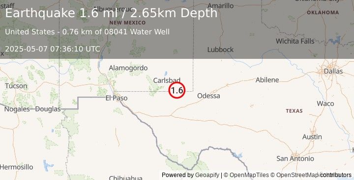 Earthquake 33 km SE of Malaga, New Mexico (1.6 ml) (2025-05-07 07:36:10 UTC)