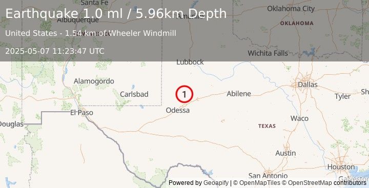 Earthquake 35 km SSW of Los Ybanez, Texas (1.0 ml) (2025-05-07 11:23:47 UTC)