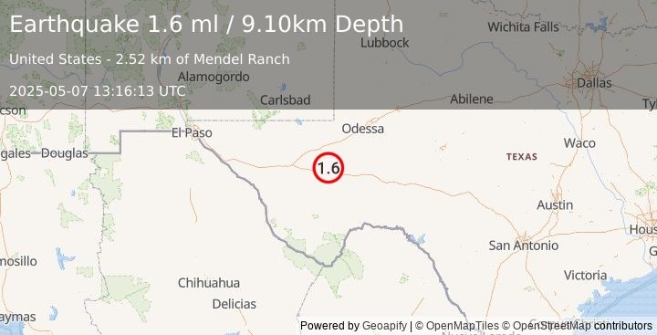 Earthquake 25 km SSW of Coyanosa, Texas (1.6 ml) (2025-05-07 13:16:13 UTC)