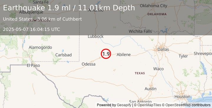 Earthquake 14 km NNW of Westbrook, Texas (1.9 ml) (2025-05-07 16:04:15 UTC)
