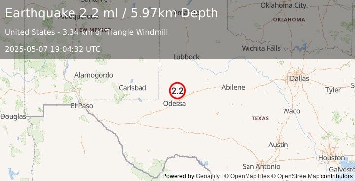 Earthquake 27 km E of McKinney Acres, Texas (2.2 ml) (2025-05-07 19:04:32 UTC)