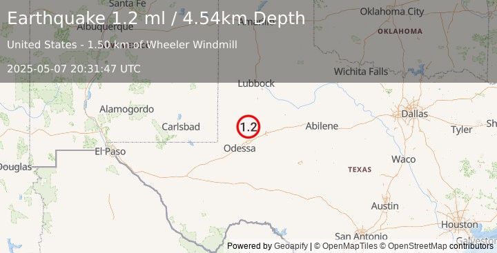 Earthquake 36 km SSW of Los Ybanez, Texas (1.2 ml) (2025-05-07 20:31:47 UTC)