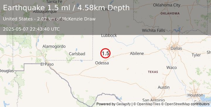 Earthquake 35 km SSW of Los Ybanez, Texas (1.5 ml) (2025-05-07 22:43:40 UTC)