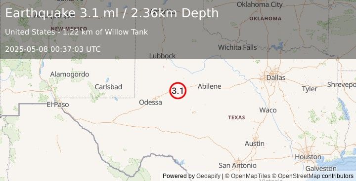 Earthquake 14 km SW of Westbrook, Texas (3.0 ml) (2025-05-08 00:37:04 UTC)