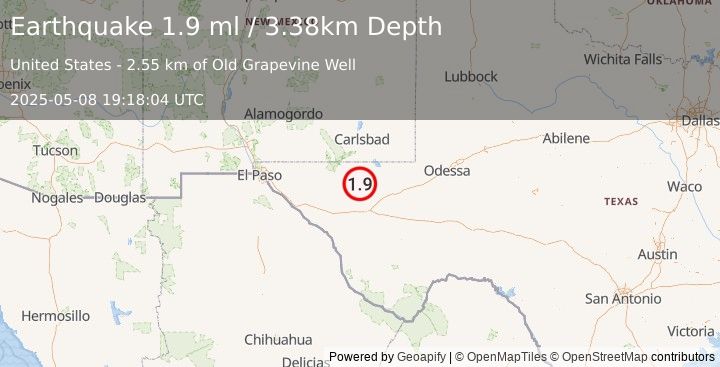 Earthquake 55 km NW of Toyah, Texas (1.9 ml) (2025-05-08 19:18:04 UTC)