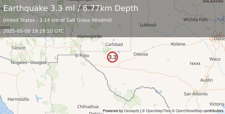 Earthquake 56 km S of Whites City, New Mexico (3.3 ml) (2025-05-08 19:28:50 UTC)