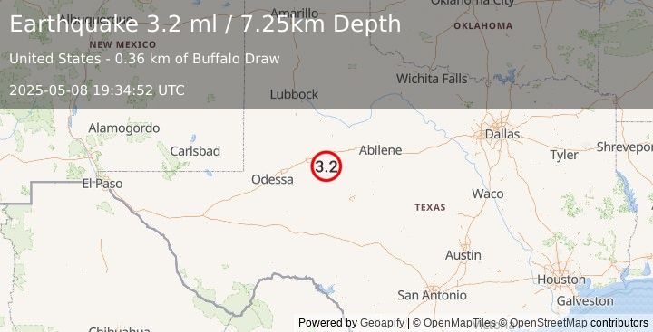 Earthquake 27 km S of Westbrook, Texas (3.2 ml) (2025-05-08 19:34:52 UTC)