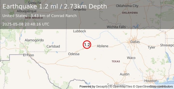 Earthquake 26 km NNW of Westbrook, Texas (1.2 ml) (2025-05-08 20:48:16 UTC)