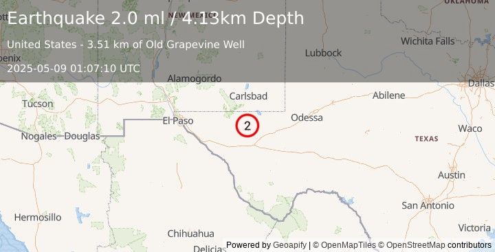 Earthquake 55 km NW of Toyah, Texas (2.0 ml) (2025-05-09 01:07:10 UTC)