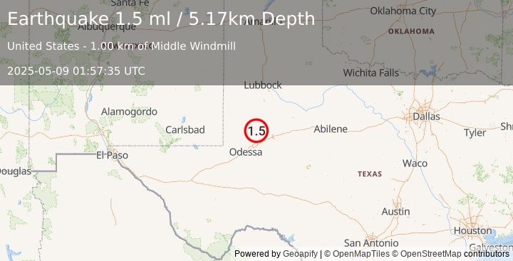 Earthquake 33 km WSW of Ackerly, Texas (1.5 ml) (2025-05-09 01:57:35 UTC)