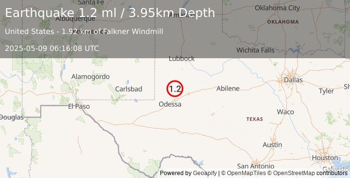 Earthquake 38 km ENE of McKinney Acres, Texas (1.2 ml) (2025-05-09 06:16:08 UTC)