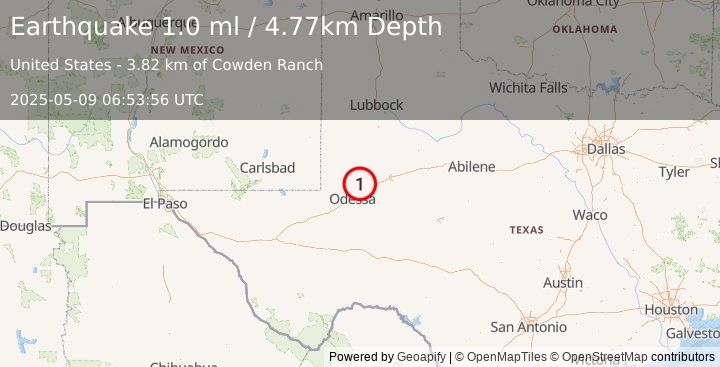 Earthquake 18 km NW of Midland, Texas (1.0 ml) (2025-05-09 06:53:56 UTC)