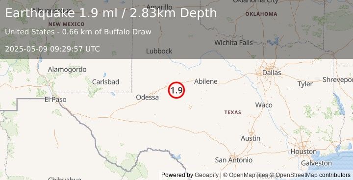 Earthquake 27 km S of Westbrook, Texas (1.9 ml) (2025-05-09 09:29:57 UTC)