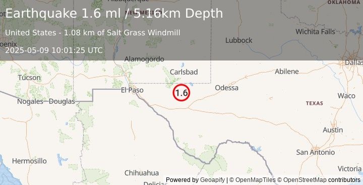 Earthquake 57 km S of Whites City, New Mexico (1.6 ml) (2025-05-09 10:01:25 UTC)