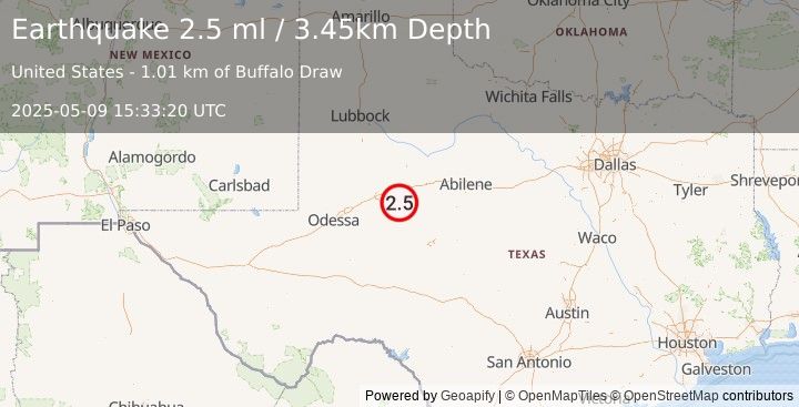 Earthquake 26 km S of Westbrook, Texas (2.5 ml) (2025-05-09 15:33:20 UTC)