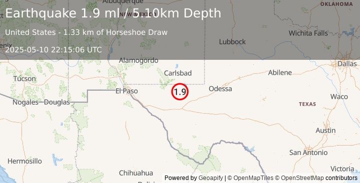 Earthquake 51 km W of Mentone, Texas (1.9 ml) (2025-05-10 22:15:06 UTC)