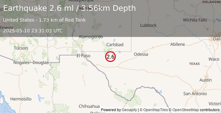 Earthquake 55 km SSW of Whites City, New Mexico (2.6 ml) (2025-05-10 23:31:03 UTC)