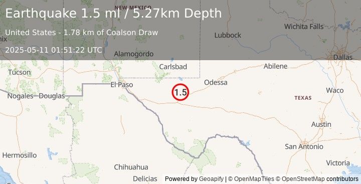 Earthquake 21 km NNW of Toyah, Texas (1.5 ml) (2025-05-11 01:51:22 UTC)