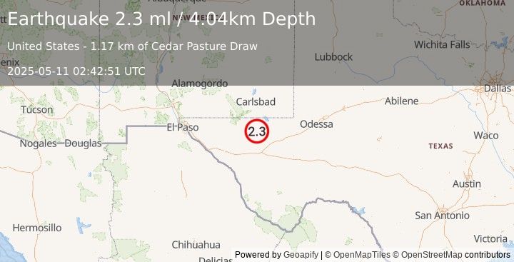 Earthquake 54 km NW of Toyah, Texas (2.3 ml) (2025-05-11 02:42:51 UTC)