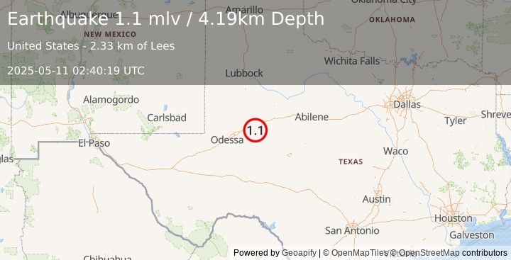 Earthquake 11 km W of Forsan, Texas (1.1 mlv) (2025-05-11 02:40:19 UTC)