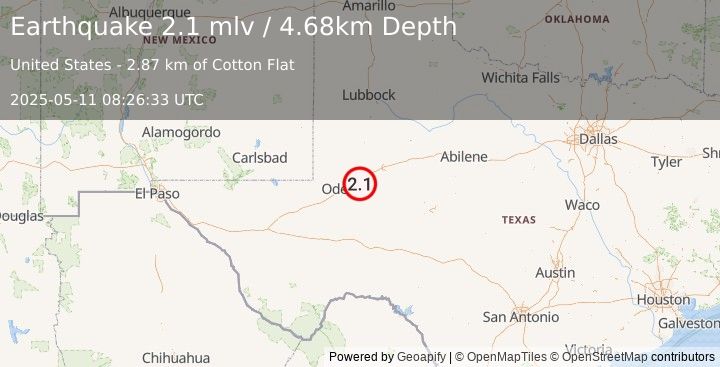 Earthquake 7 km SE of Midland, Texas (2.1 mlv) (2025-05-11 08:26:33 UTC)
