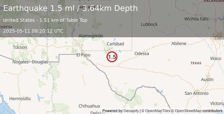 Earthquake 61 km S of Whites City, New Mexico (1.5 ml) (2025-05-11 09:20:12 UTC)