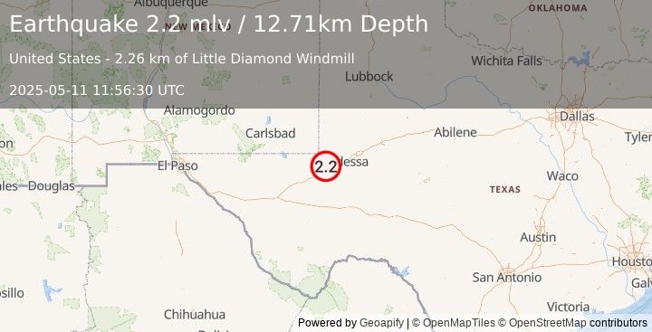 Earthquake 16 km N of Monahans, Texas (2.2 mlv) (2025-05-11 11:56:30 UTC)