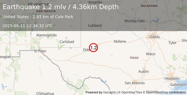 Earthquake 9 km E of Midland, Texas (1.2 mlv) (2025-05-11 12:34:32 UTC)