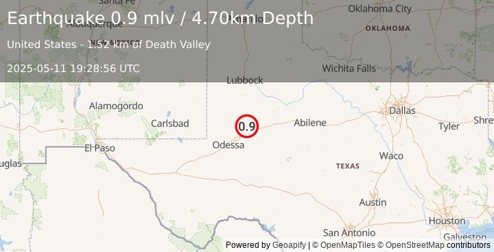 Earthquake 20 km SSW of Ackerly, Texas (0.9 mlv) (2025-05-11 19:28:56 UTC)