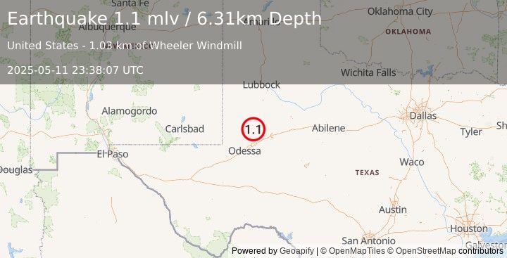 Earthquake 37 km WSW of Ackerly, Texas (1.1 mlv) (2025-05-11 23:38:07 UTC)