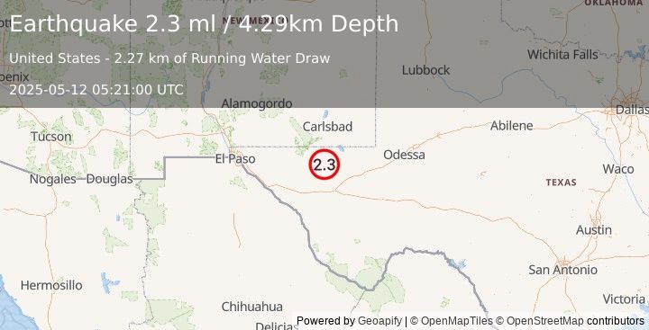 Earthquake 59 km NW of Toyah, Texas (2.3 ml) (2025-05-12 05:21:00 UTC)