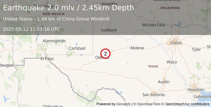 Earthquake 10 km NNW of Midland, Texas (2.0 mlv) (2025-05-12 11:53:16 UTC)