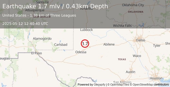 Earthquake 24 km SSW of Los Ybanez, Texas (1.7 mlv) (2025-05-12 12:40:40 UTC)