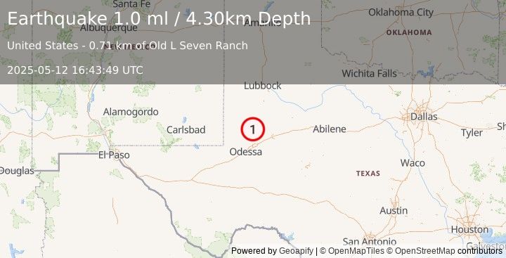 Earthquake 36 km SSW of Los Ybanez, Texas (1.0 ml) (2025-05-12 16:43:50 UTC)