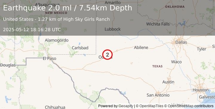 Earthquake 13 km W of Midland, Texas (2.0 ml) (2025-05-12 18:16:28 UTC)