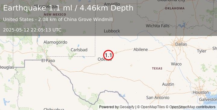 Earthquake 11 km N of Midland, Texas (1.1 ml) (2025-05-12 22:05:13 UTC)