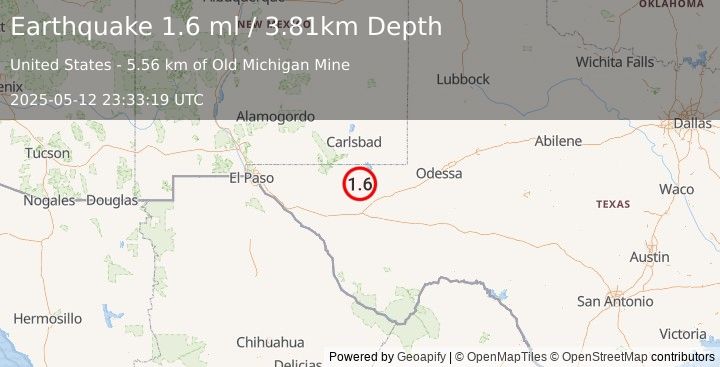 Earthquake 47 km NW of Toyah, Texas (1.6 ml) (2025-05-12 23:33:19 UTC)