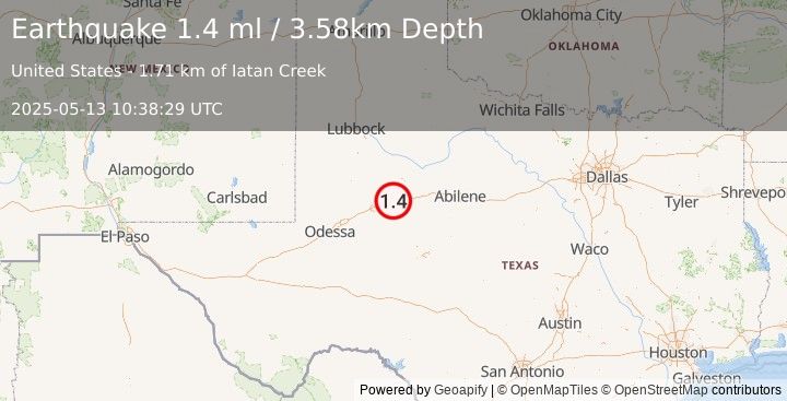Earthquake 7 km WNW of Westbrook, Texas (1.4 ml) (2025-05-13 10:38:29 UTC)
