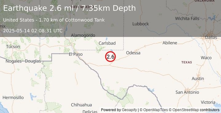 Earthquake 38 km NNW of Toyah, Texas (2.6 ml) (2025-05-14 02:08:31 UTC)