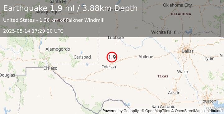 Earthquake 38 km SSW of Los Ybanez, Texas (1.9 ml) (2025-05-14 17:29:20 UTC)