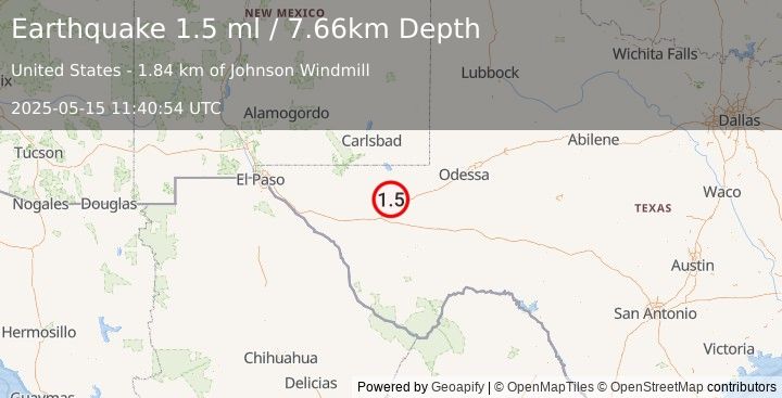 Earthquake 12 km NNW of Toyah, Texas (1.5 ml) (2025-05-15 11:40:54 UTC)