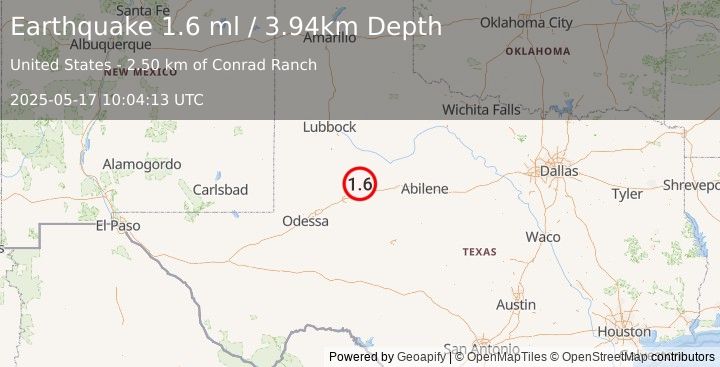 Earthquake 24 km NW of Westbrook, Texas (1.6 ml) (2025-05-17 10:04:13 UTC)