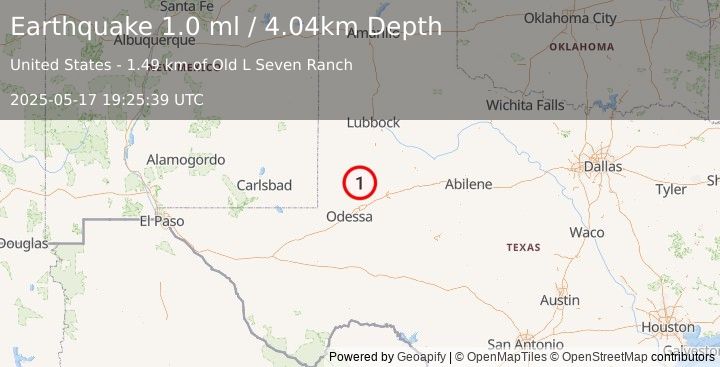 Earthquake 35 km SW of Los Ybanez, Texas (1.0 ml) (2025-05-17 19:25:39 UTC)