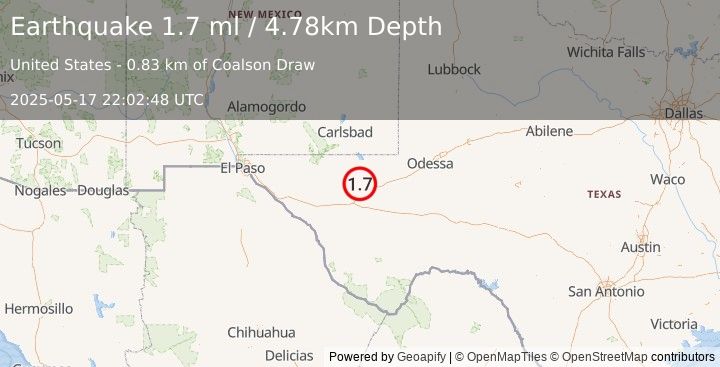 Earthquake 19 km NW of Toyah, Texas (1.7 ml) (2025-05-17 22:02:48 UTC)