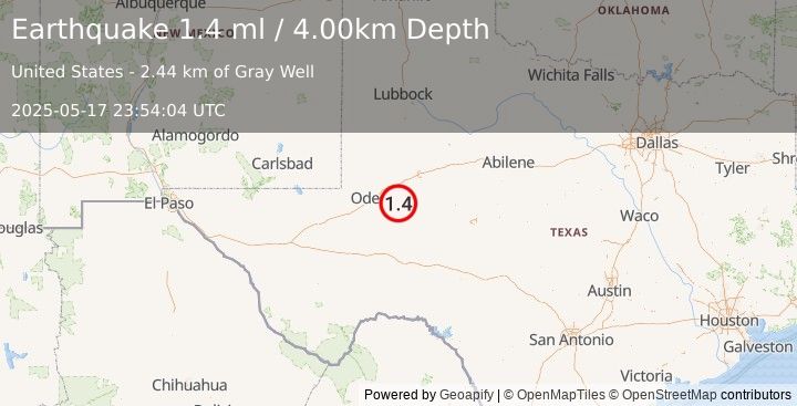 Earthquake 30 km SSE of Midland, Texas (1.4 ml) (2025-05-17 23:54:04 UTC)