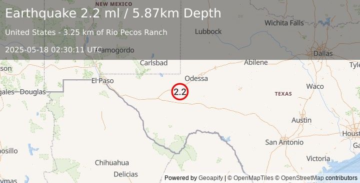 Earthquake 11 km N of Coyanosa, Texas (2.2 ml) (2025-05-18 02:30:11 UTC)