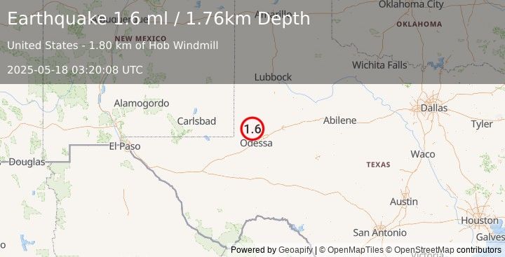 Earthquake 9 km SSE of McKinney Acres, Texas (1.6 ml) (2025-05-18 03:20:08 UTC)